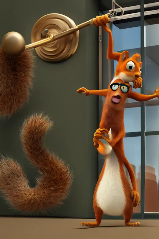 Image similar to crazy squirrel robbing a bank. pixar disney 4 k 3 d render funny animation movie oscar winning trending on artststion and behance. oscar award winning.