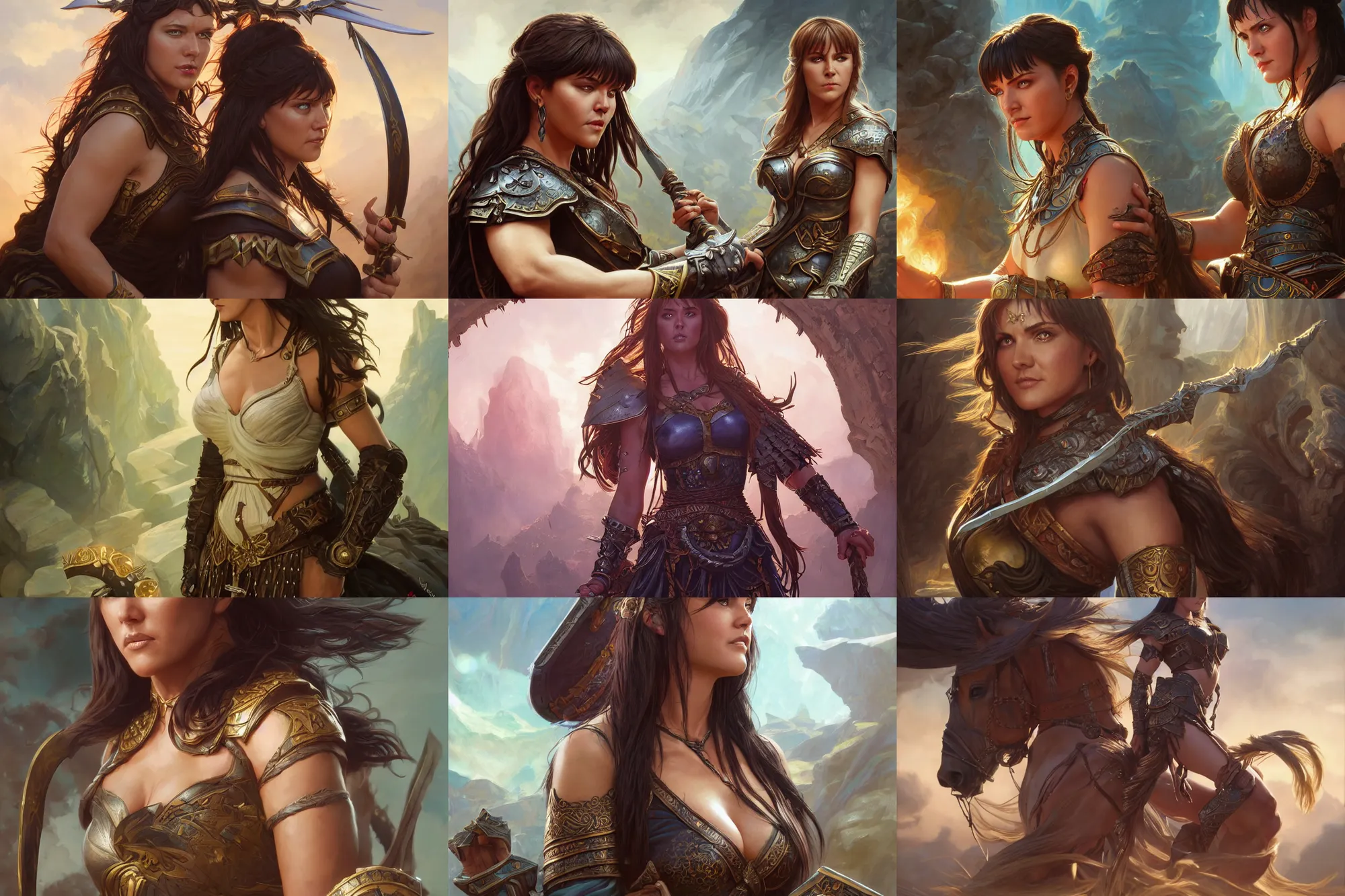 Prompt: cinematic stills from xena warrior princess, deep focus, d & d, fantasy, intricate, elegant, highly detailed, digital painting, artstation, concept art, matte, sharp focus, illustration, hearthstone, art by artgerm and greg rutkowski and alphonse mucha