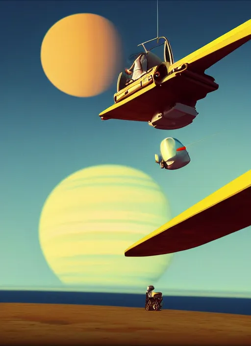 Image similar to A man flying off into the Saturn sunset on an small hovercraft over a small space colony by Edward Hopper and James Gilleard, 8k, octane render, ultra sharp, detailed digital art