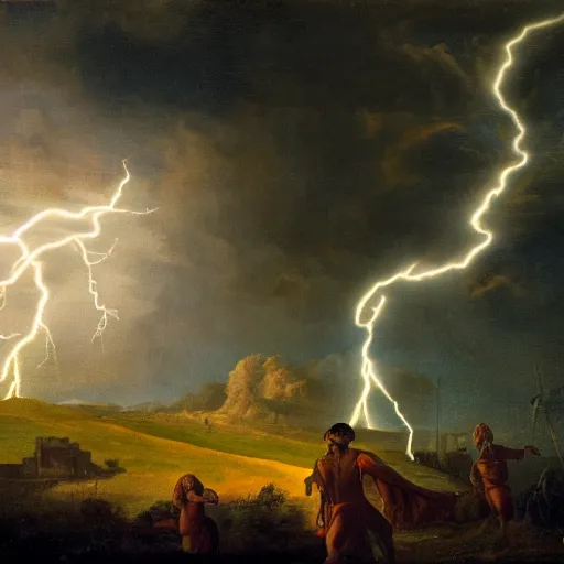 Image similar to a sky god casting lightning down upon a village