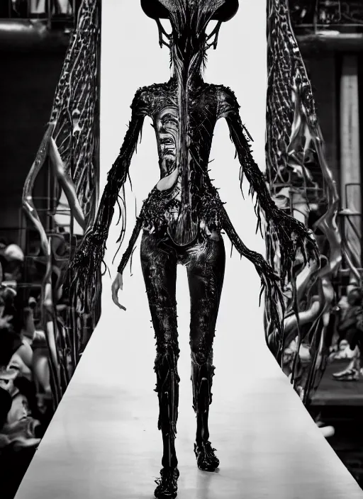 Image similar to walking down the catwalk, ben watts, show, stage, vogue photo, podium, fashion show photo, historical baroque dress dark, iris van herpen, beautiful woman, masterpiece, intricate, biopunk, vogue, full body shot, alien, plant predator, guyver, jellyfish, white biomechanical details, highly detailed