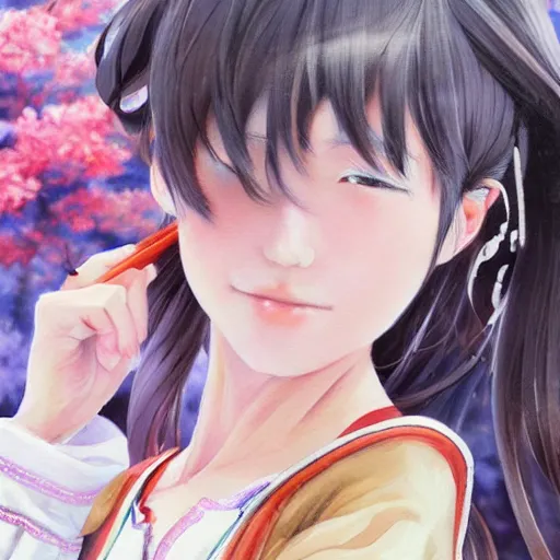 Image similar to dynamic composition, motion, ultra-detailed, incredibly detailed, a lot of details, amazing fine details and brush strokes, gentle palette, smooth, HD semirealistic anime CG concept art digital painting, watercolor oil painting of a young J-Pop idol schoolgirl, by a Japanese artist at ArtStation. Realistic artwork of a Japanese videogame, soft and harmonic colors.