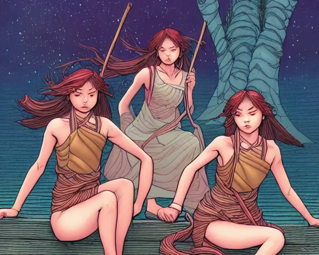 Image similar to fantasy comic cover art of a ( ( trio of village girls ) ) sitting on a dock, detailed faces, illustration by jenny frison and sana takeda and kenichi sonoda, intricate details, stunning inking lines, stunning gradient colors, 4 k, hd, artstation, award winning