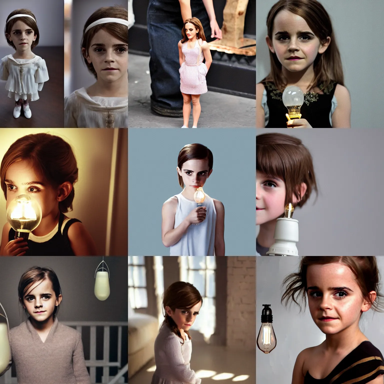 Prompt: a miniature emma watson inside a light bulb