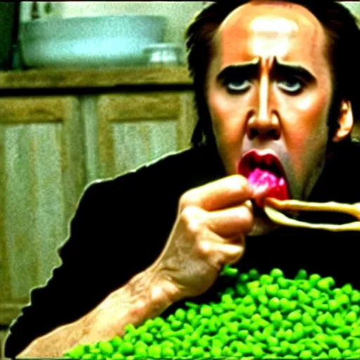 Image similar to nicolas cage drowning mouth full of peas, movie still, the wicker man