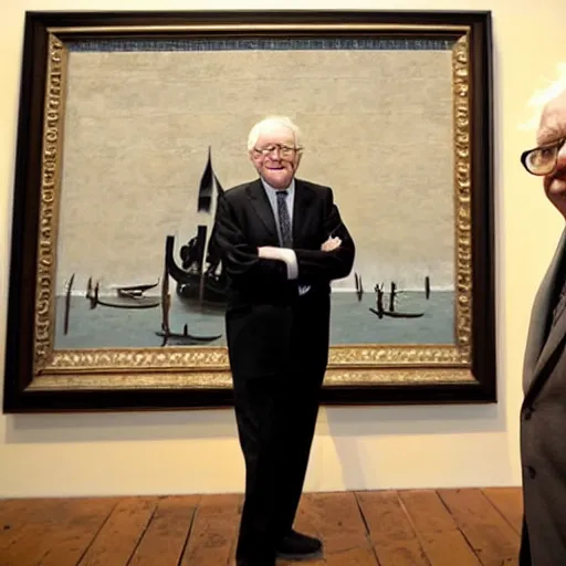 Image similar to A photograph of Warren Buffet standing next to a Banksy painting in Venice