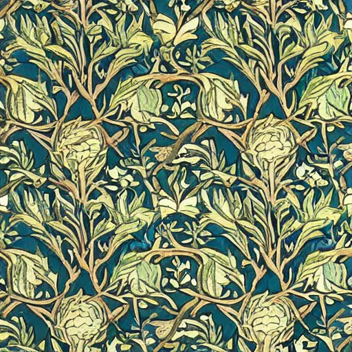 Image similar to william morris wallpaper of tree of life motif.