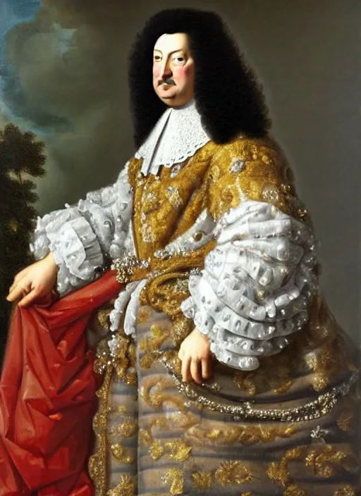 Prompt: beautiful oil painting portrait of Louis xiv of France in coronation robes by hyacinthe rigaurd 1701