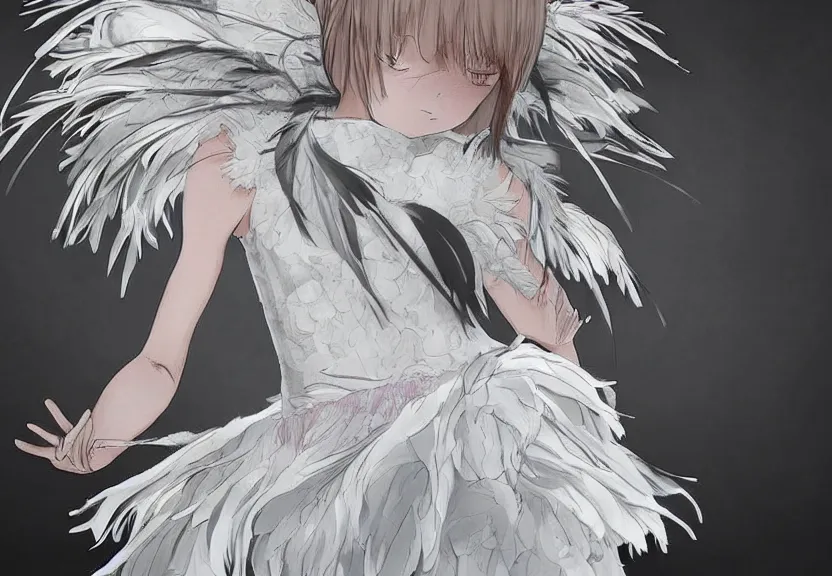 Prompt: little girl with a short white haircut wearing a dress made of feathers, artwork in the anime style, dark, anatomically perfect