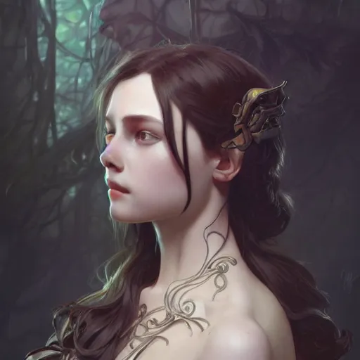 Image similar to Isabella, child of dark, highly detailed, digital painting, artstation, concept art, smooth, sharp focus, illustration, Unreal Engine 5, 8K, art by artgerm and greg rutkowski and alphonse mucha