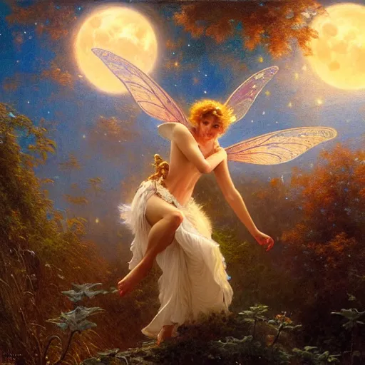 Image similar to attractive fairy magically floating high in the night, fantasy, full moon in background. highly detailed painting by gaston bussiere, craig mullins, j. c. leyendecker, mid shot, 8 k