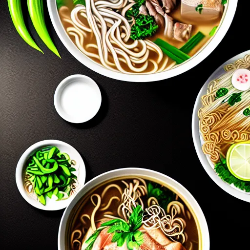 Image similar to flatlay realistic photo of delicious pho, ramen, aesthetic table cloth, highly detailed, cinematic light, masterpiece, 8 k hd, award winning, artstation,