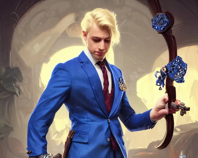 Image similar to photography of a blonde man in a blue suit with medals on it wielding a sword and pistol, deep focus, d & d, fantasy, intricate, elegant, highly detailed, digital painting, artstation, concept art, matte, sharp focus, illustration, hearthstone, art by artgerm and greg rutkowski and alphonse mucha