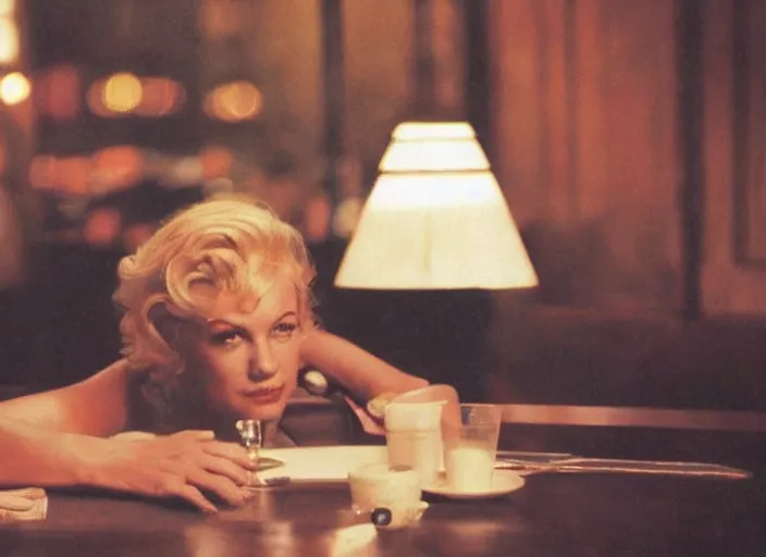 Image similar to a close - up, color cinema film still of a marlin monroe drinking coffee at a starbucks, ambient lighting at night, from matrix ( 1 9 9 9 ).