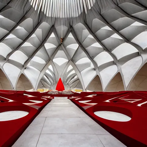 Image similar to interior of a futuristic lotus temple with gold, red and white marble panels, in the desert, by buckminster fuller and syd mead, intricate contemporary architecture with art nouveau motifs, photo journalism, photography, cinematic, national geographic photoshoot