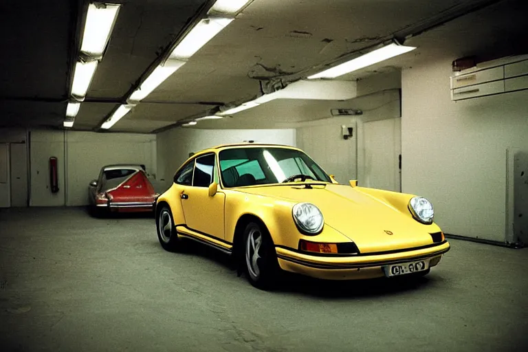 Prompt: a single 1 4 8 0 porsche 9 1 1, inside of a tokyo garage, ektachrome photograph, volumetric lighting, f 8 aperture, cinematic eastman 5 3 8 4 film