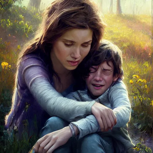 Prompt: epic hyperrealism cinematic masterpiece where a mother appears with her happy son. realistic poster with shaded lighting by craig mallismo, artgerm, jeremy lipkin and michael garmash, unreal engine, radiant light, detailed and complex environment, digital art, art station trends