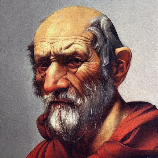 Prompt: detailing character concept portrait of old man by Caravaggio, on simple background, oil painting, middle close up composition