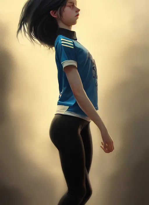 Image similar to ultradetailed beautiful painting of a stylish young lady wearing a sport top, dramatic, she has black long hair, distressed, volumetric light, full body portrait by greg rutkowski, ilya kuvshinov, james jean, makoto shinkai, on artstation