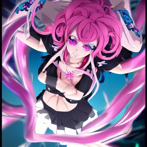 Image similar to stunningly beautiful omnipotent megalomaniacal anime goddess who looks like junko enoshima with symmetrical perfect face and porcelain skin, pink twintail hair and mesmerizing cyan eyes, looking down upon the viewer and taking control, mid view from below her feet, hyperdetailed, 2 d anime, 8 k