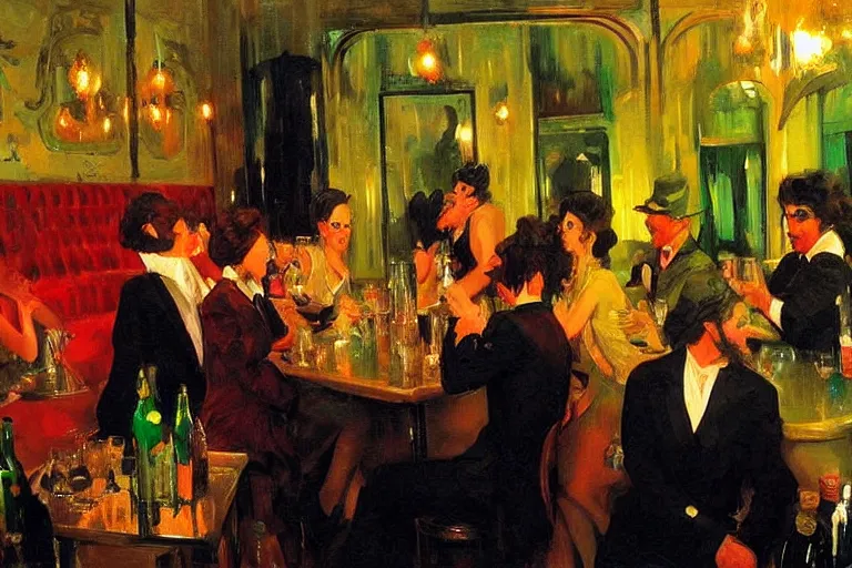 Image similar to glam rockers drinking wine, inside a green saloon with red lights by joaquin sorolla, phil hale, extremely detailed