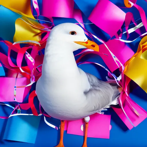 Prompt: a seagull with party streamers for wings, uhd, 8 k