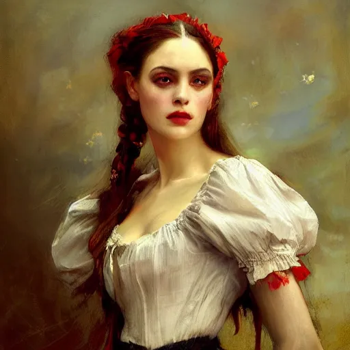 Prompt: Solomon Joseph Solomon and Richard Schmid and Jeremy Lipking victorian genre painting portrait painting of a young beautiful woman traditional exotic german french actress model pirate wench in fantasy costume, red background