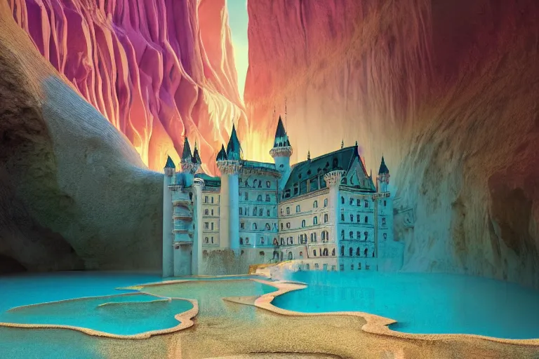 Image similar to neuschwanstein castle on pamukkale thermal waters flowing down gold travertine terraces in royal blue antelope canyon during sakura season on an interstellar aurora borealis with heavy thunder and lightning, pink and pink waterfalls, by peter mohrbacher, james jean, james gilleard, greg rutkowski, vincent di fate, rule of thirds, octane render, beautiful landscape