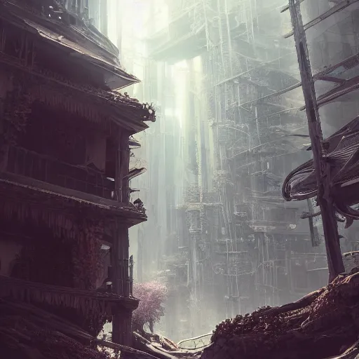 Image similar to kodak portra 8 0 0, infinitely detailed hd scenery ambience from nier automata, dream design, relief concept, majestic dream scenery smooth, sharp focus, an ultrafine detailed illustration by james jean, intricate linework, octane render, by ruan jia and nier automata detailed cybermagic atmospherics