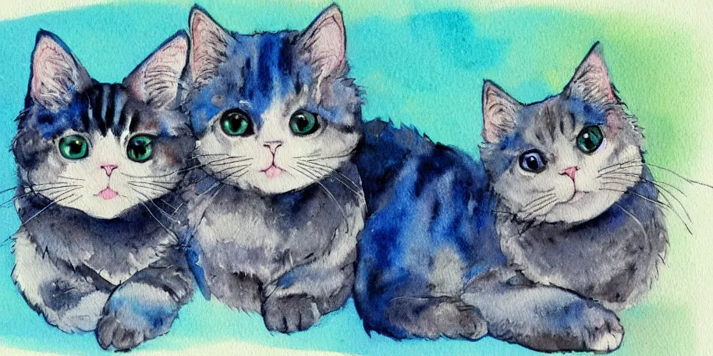 Image similar to watercolor illustration style, cute! cats! with blue wings!!