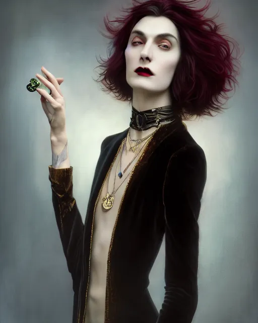 Prompt: a beautiful androgynous man, long hair, tall and thin, vampire, dressed in velvet, wearing several pendants and a choker, illustration, dramatic lighting, soft details, painting oil on canvas, art nouveau, octane render, hdr, 4 k, 8 k, hd, by edmund blair leighton, brom, charlie bowater, faces by otto schmidt