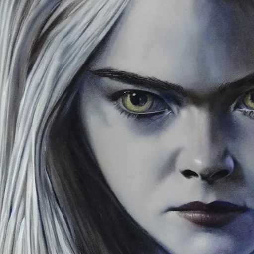 Image similar to ultra realistic medium shot portrait painting of elle fanning in halo 2, art by frank frazetta and bosch, 4 k, ultra realistic, highly detailed, epic lighting