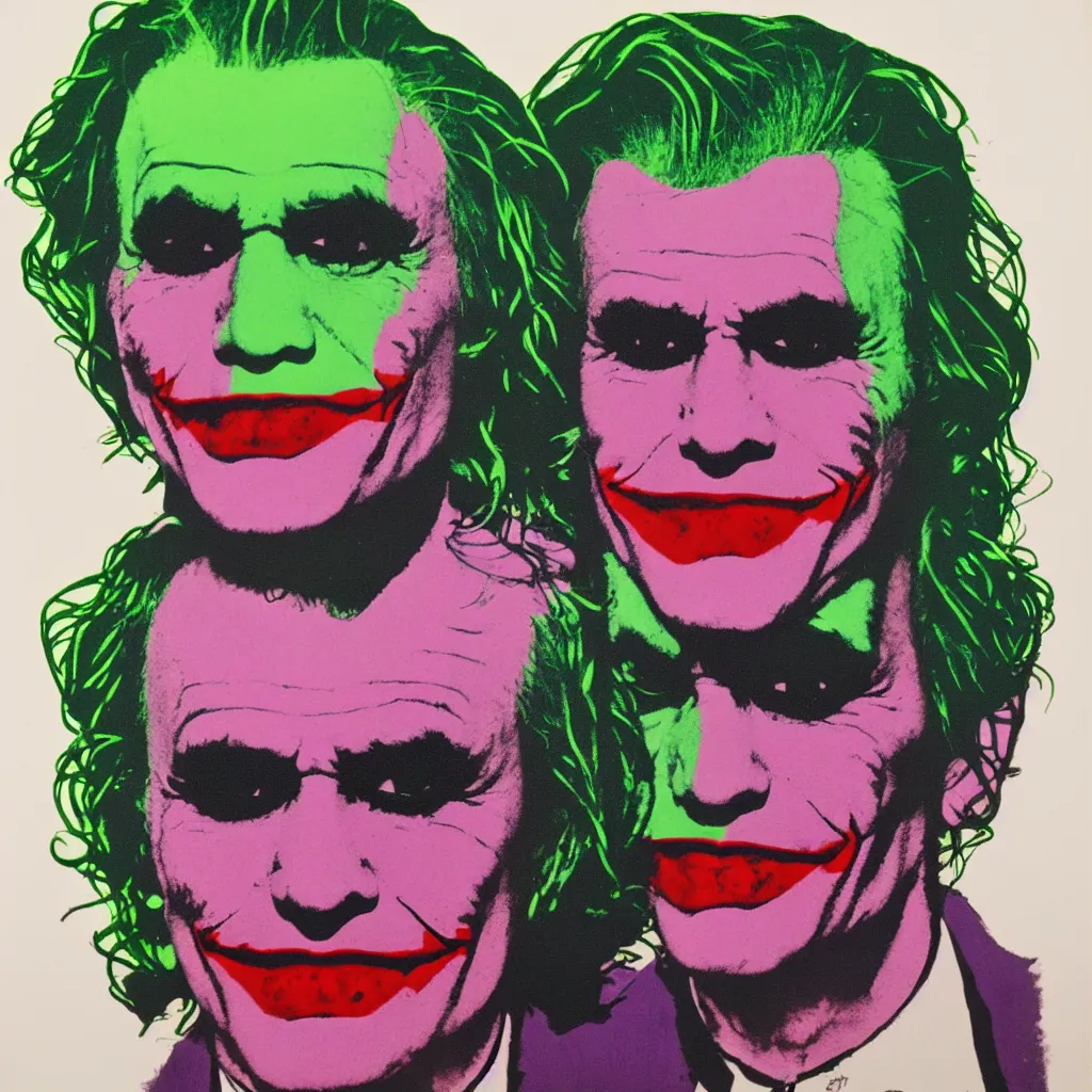 Prompt: individual silk screen portrait of the joker by andy warhol