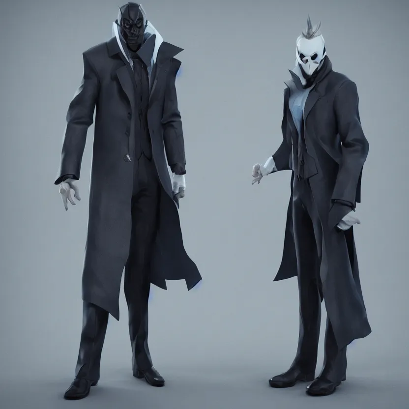 Image similar to A game character wearing a dark formal overcoat and a white mask, highly detailed, high quality, 8k HDR,octane render, blue background, full-body, cinematic