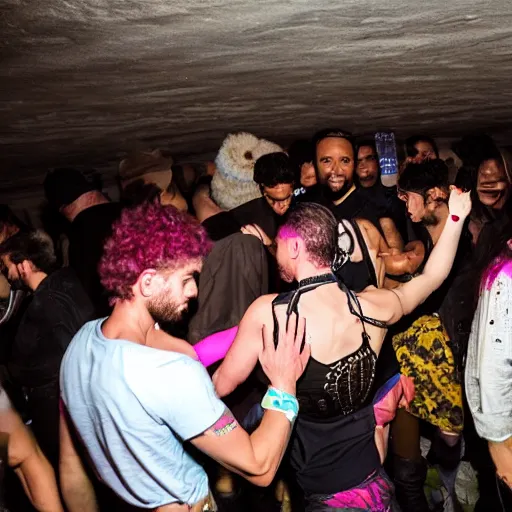 Prompt: photos of a wild underground party taken by merlin bronques, lastnightsparty