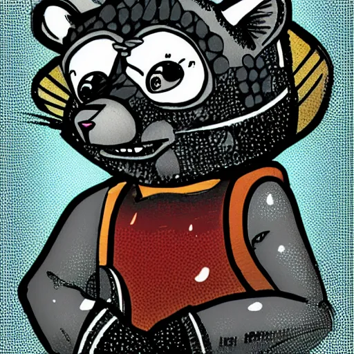 Image similar to cute cyborg racoon cyperpunk cartoon aesthetic