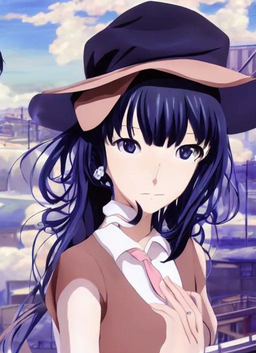 Image similar to key anime visual of a beautiful girl wearing a beige beret and blue shirt; long black hair; in the artstyle of Persona, Persona video game art