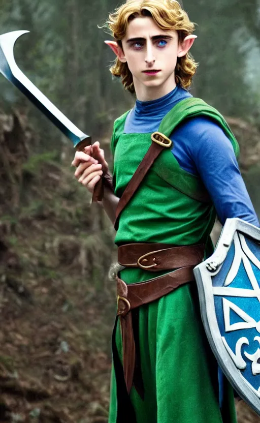 Image similar to epic cinemati shot of Timothee Chalamet starring as Link from Legend of Zelda, 8k movie scene, elf ears, long blonde blonde hair, green clothes, blue eyes, ++++++ super super super dynamic action posing, super serious facial expression, holding a sword & shield, ocarina of time movie, concept photos, dynamic lighting, dynamic shaders, night time, in the forest, fairy light above him