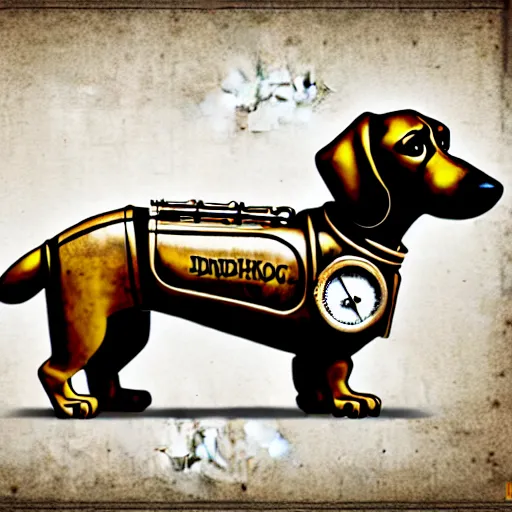 Image similar to 2d steampunk dachshund annotated prototype blueprint, Andrey Tatarko style, ultra detailed, complex design, high contrast, ornate, high detail, full frame, post processing