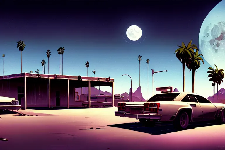 Image similar to broken robot | abandoned motel | palm trees | snowy mountains | moon in sky, painting by syd mead and weta studio and greg rutkowski and james jean and frank frazetta, gta san - andreas game screenshot, highly detailed, rule of third, soft lighting, architectural magazine, insanely intricate details, artstation trending, hypermaximalistic, high details, cinematic