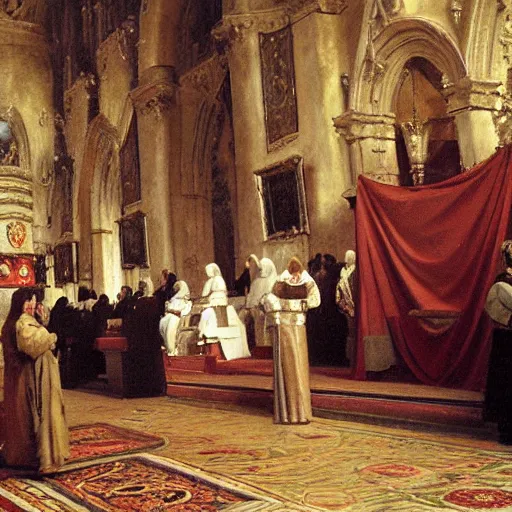 Image similar to painting of medieval kings kneeling before the pope, in a church. arstation, john singer sargent, craig mullins