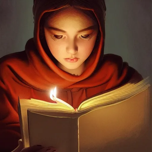 Image similar to village girl reading a book, candle light, highly detailed, digital painting, artstation, concept art, art by artgerm and Johfra Bosschart