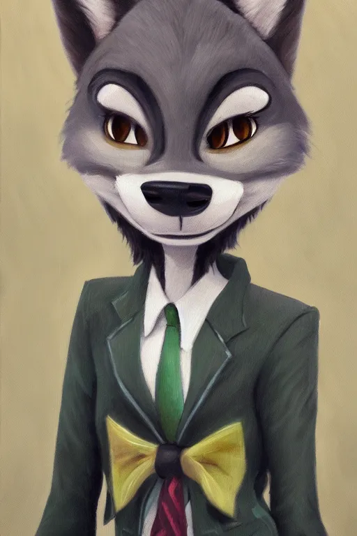 Image similar to oil painting of anthromorphic female wolf, in style of zootopia, female fursona, furry, furaffinity, 4 k, deviantart, furry art, fursona art, wearing black business suit, business suit, wolf fursona, female, smug expression,