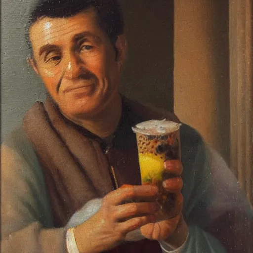 Prompt: Julios Caesar enjoying a cup of bubble tea in rome, oil painting