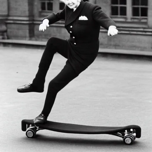 Prompt: queen elisabeth ii doing a kickflip on a skateboard