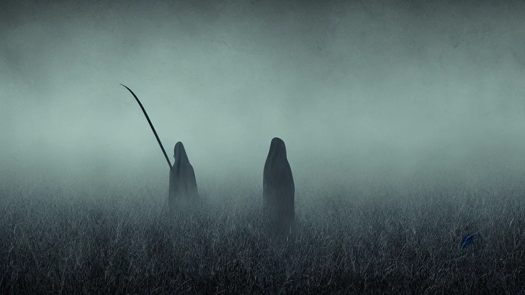 Image similar to grim reaper in a field of skulls, dark, night, foggy, scary, eerie, digital art.