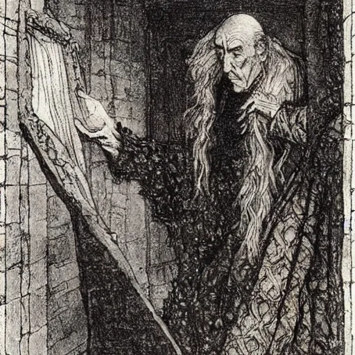 Prompt: a 1 3 th century, enigmatic, melancholic, fae wizard ( look like ( ( eighty years old christopher lee ) ), is ( ( reading an old book ) ). light dust, magnificent, hyperdetailed, theatrical, painted by arthur rackham