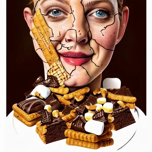 Image similar to drew barrymore in a smore, chocolate, marshmallow graham cracker, digital painting by arcimboldo