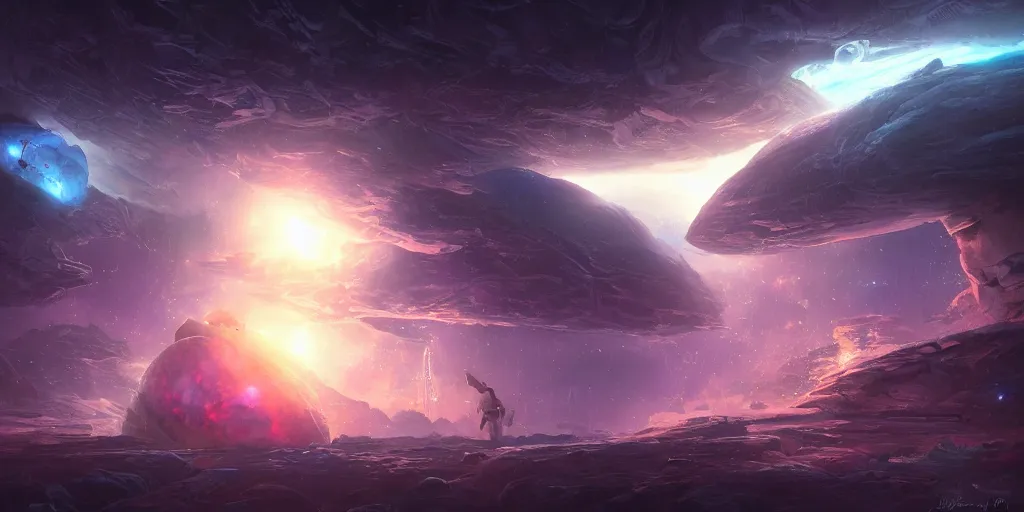 Prompt: three body problem's yun tianming's brain fly to the deep in the universe by spaceship, movie scene, concept art, digital painting, style of jordan grimmer, warm lighting, futuristic, volumetric lighting, view from below, vivid colours, bright, nighttime, godrays, cinematic, high detail