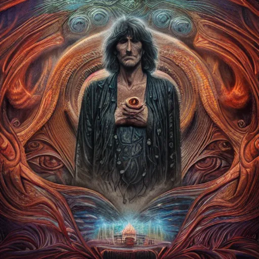 Prompt: A beautiful detailed tarot card of Roger Waters, by  tomasz alen kopera and Justin Gerard, symmetrical features, ominous, magical realism, texture, intricate, ornate, royally decorated, whirling smoke, embers, red adornements, red torn fabric, radiant colors, fantasy, trending on artstation, volumetric lighting, micro details, 3d sculpture, ray tracing, 8k, anaglyph effect